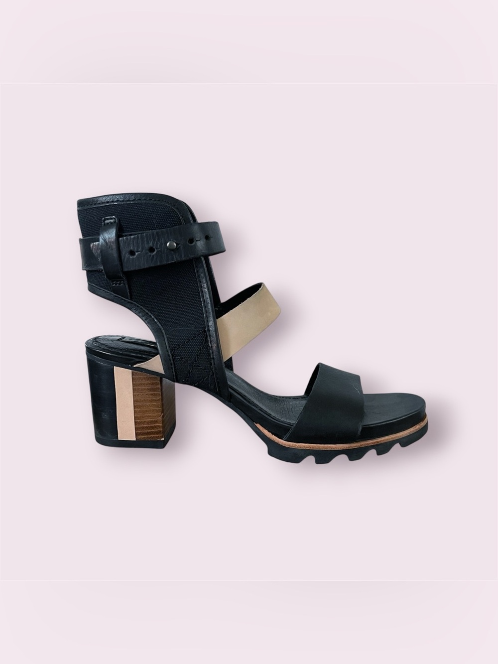 Sorel Addington Cuff Sandal Women’s Leather Canvas Black Tan Block Heel Size 9.5